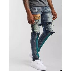PREME Men's Moto Patchwork Jeans 30x32 Multi Pocket Buckle Strap Distressed